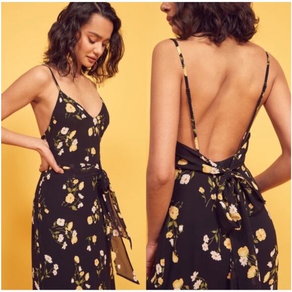 Reformation Dietrich Georgette Midi Black Dress in‎ Piazza Floral Size 0P - Picture 6 of 6